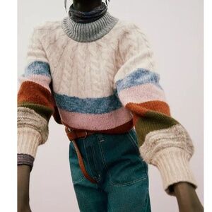 NWT $110 Madewell Deacon Cableknit Mockneck Sweater Stripe L Multicolor NC696